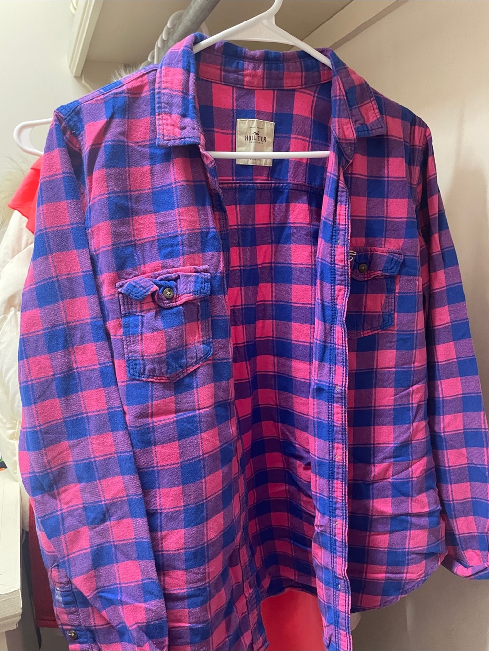 Hollister Pink and Blue Plaid Button-Up Shirt